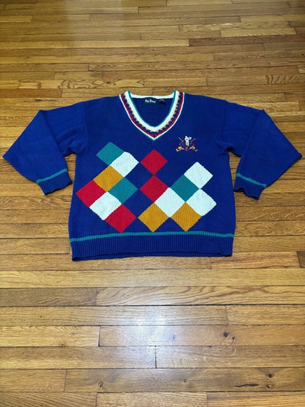 Vintage Par Four Mens Golf Sweater Size XL Blue Argyle Cotton Ramie Knit V-Neck